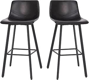 Flash Furniture Caleb Modern Commercial Barstools with Footrests - Black LeatherSoft -30 Inch - Black Matte Iron Frame - Armless - Set of 2