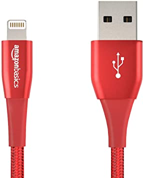 AmazonBasics Double Nylon Braided USB A Cable with Lightning Connector, Premium Collection - 4 Inches (10 Centimeters) - Red
