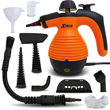 Xtech Multi-Purpose Electric Steam Cleaner With Advanced "Safety Lock" on Steamer Button plus 9 Assorted attachments and Accessories including Long Spray Nozzle, Round Brush Nozzle   More