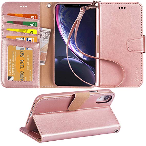 Arae Wallet Case Designed for iPhone xr 2018 PU Leather flip case Cover [Stand Feature] with Wrist Strap and [4-Slots] ID&Credit Cards Pocket for iPhone Xr 6.1" - Rose Gold