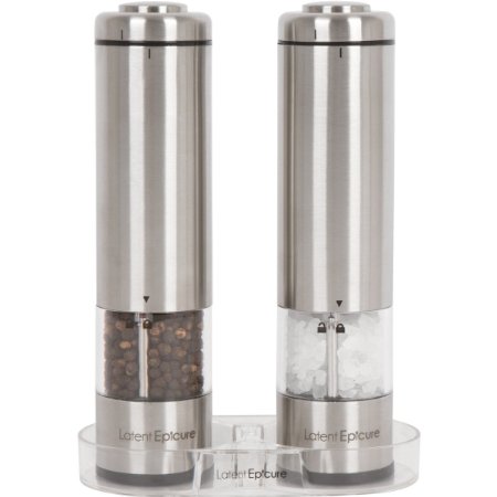 Salt and Pepper Grinder Set - Battery Operated with FREE BONUS Mill Rest | Pack of 2 Mills with 12 Month Warranty | LED Light | Adjustable Coarseness | Gift Box