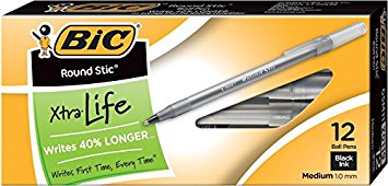 BIC Round Stic Ball Pen Stick, Black, Medium Point, 12-Count