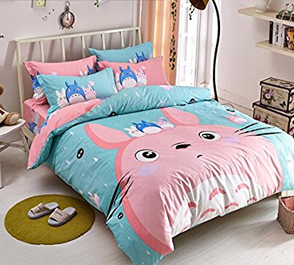 MeMoreCool New Arrival!Japanese Anime My Neighbor Totoro Cartoon 4 Pieces Bedding Set 100% Cotton Pink Totoro Duvet Cover Set Cute Kids Bedding Set Anime Bed Sheets