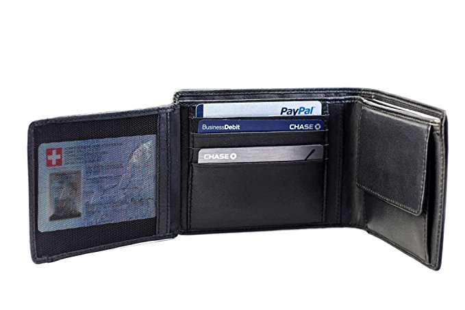 DiLoro Italy Men's Leather BiFold Flip Coin Wallet Black RFID Block 1653-BK