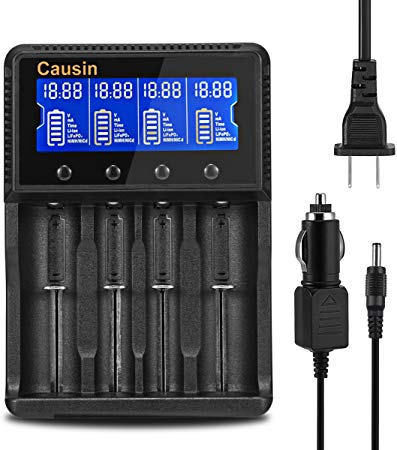 Multifunction Battery Charger,Causin 4 Bay Digital LCD Display Quick Charger for Rechargeable 18650 26650 AA AAA 18500 18350 RCR123 14500 10490 10440 Lithium Liion Nimh Nicd Battery