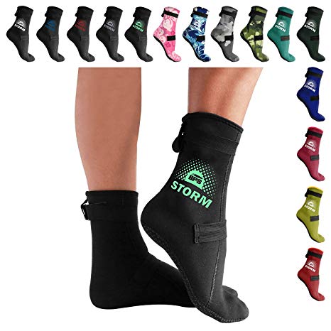 BPS Low Cut 'Soft Skin' Water Socks or High Cut 'Storm' Water Socks (3mm Neoprene Glued & Blind-Stitched with Fit Adjustment Straps) - Perfect for Water, Sand, Beach Activities, and Also for Diving