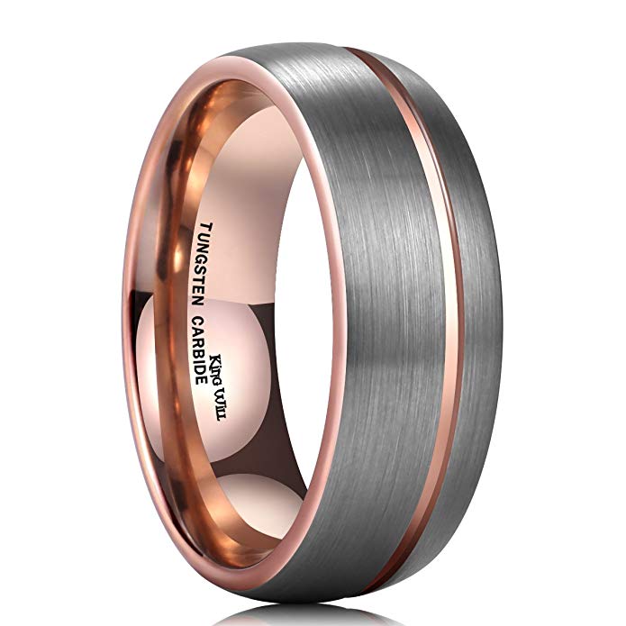 King Will 8mm Rose Gold Thin Line Tungsten Carbide Wedding Ring Dome Band Groove Center