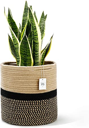 POTEY 700502 Jute Rope Plant Basket Modern Woven Basket for 11" Flower Pot Floor Indoor Plants Planters,Large Storage Organizer Basket Rustic Mid Century Home Decor, Black and Brown Stripes 12"x 12"