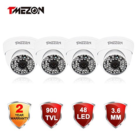 TMEZON 4 Pack 1/3" 3.6mm 900TVL 960H Day Night Vision Dome CCTV Home Security Camera With IR Cut Filter 48PCS Infrared IR Leds Waterproof Camera