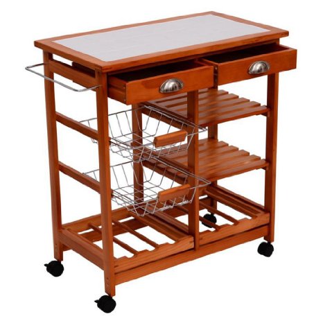 HomCom 26-in. Portable Rolling Tile Top Kitchen Trolley Cart with 6-Bottle Wine Rack