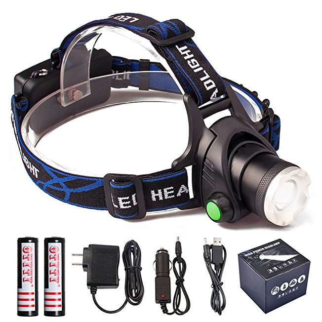 OTYTY Ultra Bright Headlamp, L2 Water resistant Headlight, 3 Modes Zoomable Flashlight with 2 Rechargeable 18650 Lithium Ion Batteries AC Charger Car Charger