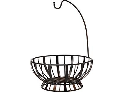 Gourmet Basics by Mikasa 5164228 Band and Stripe Metal Fruit Basket with Banana Hook, Antique Black