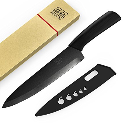 SHAN ZU Ceramic Knife 8’’ Black Zirconium Blade Black Wood Handle Matte Finish Chef Knife Healthy Kitchen Cutlery with Sheath Gift Box