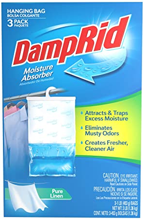 DampRid Pure Linen Hanging Bag Absorber for Closets Traps Excess Moisture for Fresher, Cleaner Air, 3 Pack (16 oz. ea.), Blue