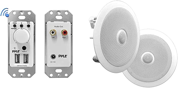 Pyle Bluetooth Receiver Wall Mount - in-Wall Audio Control Receiver w/Dual USB Charging Port, 3.5mm AUX Input & 6.5'' in-Wall/in-Ceiling Midbass Speakers (Pair) - 2-Way Woofer Speaker System