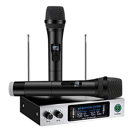 UHF Wireless Microphone System, ELEGIANT Dual Channel Handheld HiFi Wireless Microphones Karaoke Receiver Metal Professional Singing Machine for Speech Conference Outdoor KTV Home Party Wedding Church