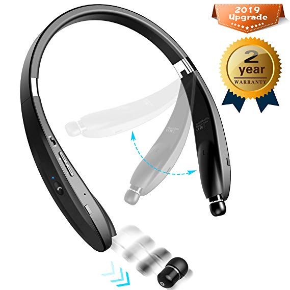 Bluetooth Headset Stereo - Upgraded Bluetooth 4.1 Wireless Headphone with Foldable Neckband Design Retractable Earbuds Compatible for All Cellphones