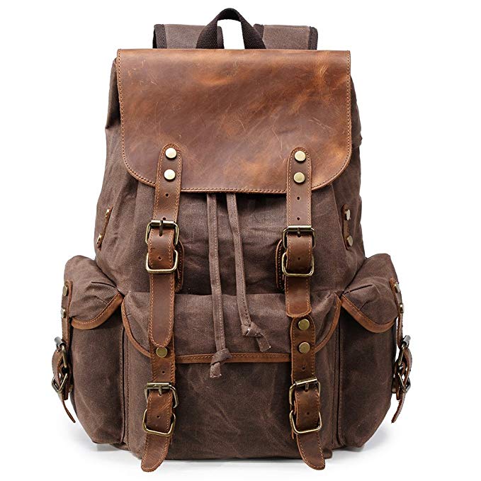 Kemy's Canvas Backpack for Men Vintage Waxed Canvas Laptop Backpacks Mens School Daypack Top Flap Rucksack Waterproof Bookbag Leather Rustic for Traveling Hiking Large, Coffee