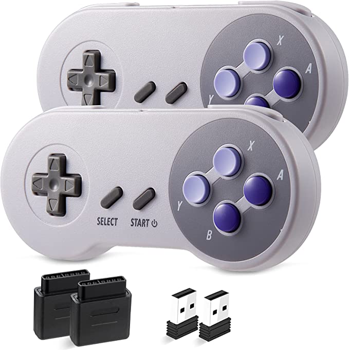 [2 in 1] 2 Pack 2.4 GHz Wireless Controller Compatible with Both PC and SNES, USB & 7 Pin Connector, for Windows PC, iOS MAC, Linux Raspberry Pi and SNES [Rechargeable] [Plug & Play] (Purple/Gray)