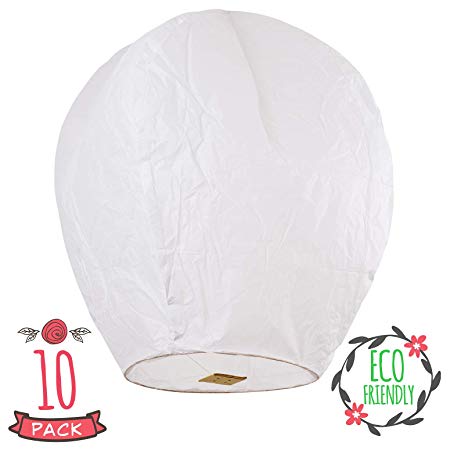 Chinese Sky Lantern by Zeso Pack of 10 White, Fly Lanterns for Weddings, Birthdays, Memorials, Ceremonies ECO Friendly - 100% Biodegradable Environmentally Friendly Wish Flying Lanterns