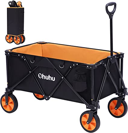 Ohuhu Collapsible Folding Wagon Cart: Extra Reinforced Foldable Wagons with 220 LB Capacity Heavy Duty Utility Outdoor Grocery Shopping Carts with Removable Wheels & 2 Drink Holders for Camping Picnic