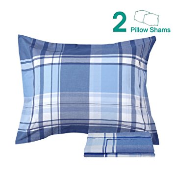 NTBAY 100% Washed Cotton Woven Plaid Pillow Shams Set of 2, Queen Size, Blue