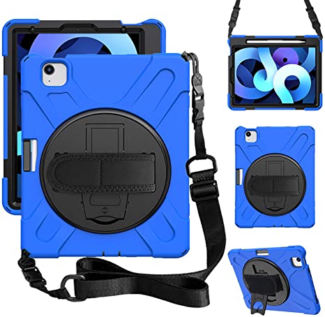 ZenRich iPad Air 4th Generation Case 2020, zenrich iPad 10.9 inch Case with Pencil Holder Stand Hand Strap Shoulder Belt Shockproof Case for iPad 10.9 inch 2020 A2072/A2316/A2324/A2325,Blue