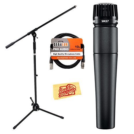 Shure SM57 Microphone Bundle with Boom Stand, XLR Cable, Windscreen, and Polishing Cloth