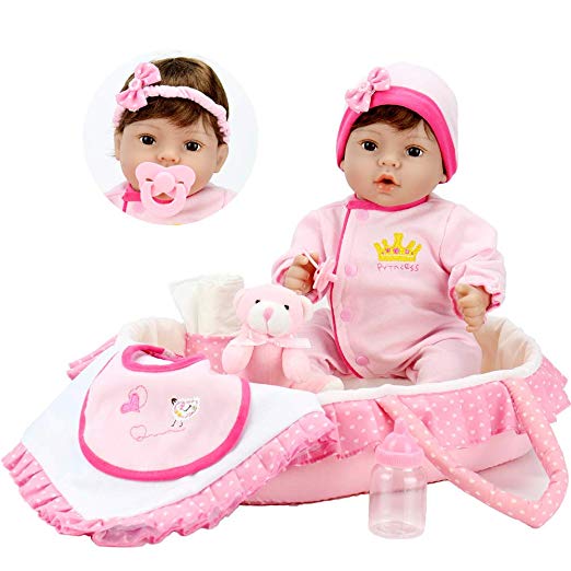 Aori 18 inch Reborn Baby in Gentle Touch Weighted Body Lifelike Girl Doll,9-Piece Set with Pink Carrier Bed