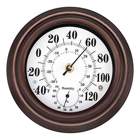 Lumuasky Indoor Outdoor Wall Thermometer Hygrometer, Wireless Temperature and Humidity for Home, Patio, Garden Stainless Steel Retro Wall Decor (8 inch, Bronze)