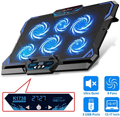 Laptop Cooling Pad, KEYNICE Gaming Laptop Cooler with 6 Quiet Blue Fans & 5 Adjustable Speeds, Heavy Notebook Cooler Pad with Dual USB Ports & LCD Screen, Fits 12-17 inches, for Gamers and Office