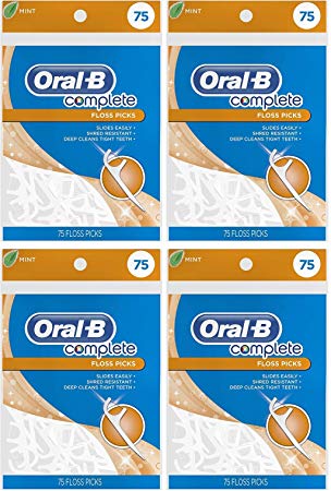 Oral-B Complete Mint Flavored Floss Picks, 4 Packs of 75 Count, 300 Total Count