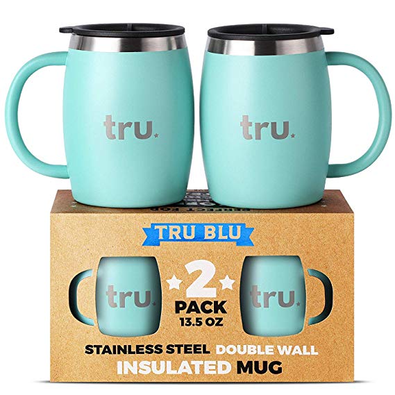 Camping Coffee Mugs with Lids (Set of 2) – Stainless Steel Travel Cup, Double Wall & Insulated Metal Mug with Handle - BPA Free, Shatterproof, Dishwasher Safe (13.5oz)