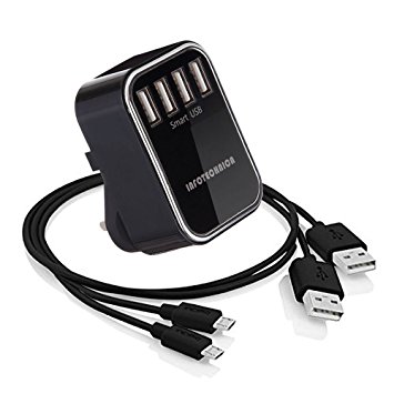 Portable 4.8A 24Watt Output Quad 4 USB Charging Ports Wall Charger UK Plug Adapter with smart device recognition feature compatible with many devices like Nokia, LG G3/G4, Google Nexus 7, Samsung Galaxy S5/S4/S3, Tab 3, Note 3/2, aPad/ePad Android Tablet, TomTom, Garmin and many other devices and e-readers that can be charged via the wall socket (4.8A 4xUSB ports Black)
