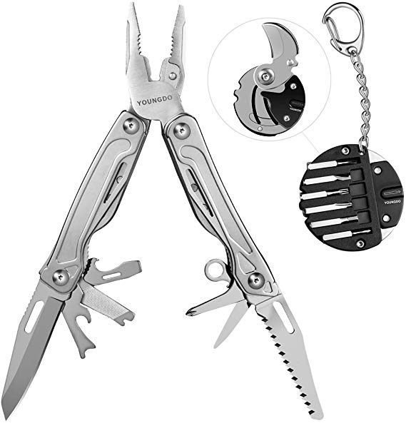 YOUNGDO Multitool, 18 in 1 Pocket Multi-Plier with Screwdriver Bit Set, Stainless Steel with Nylon Sheath, Tools for Men