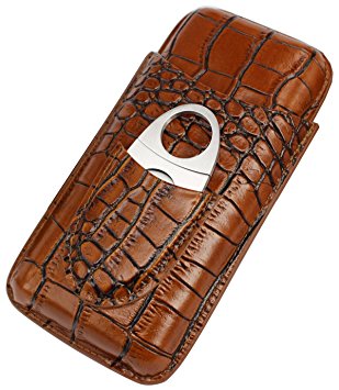 AMANCY Classic Brown Crocodile Genuine Leather Cigar Tube Case with Cutter Set