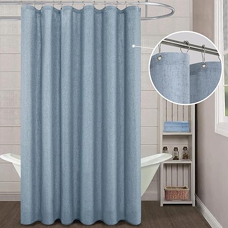 KOUFALL Stone Blue Waterproof Linen Fabric Shower Curtain for Bathroom 72x80 Inches Long