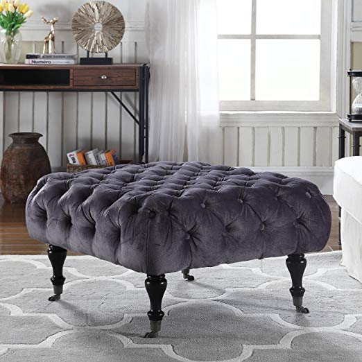 Divano Roma Furniture Classic Tufted Velvet Footrest/Footstool/Ottoman with Casters (Grey)