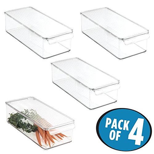 mDesign Refrigerator, Freezer, Pantry Cabinet Organizer Bin with Lid for Kitchen - Pack of 4, 6" x 4" x 14.5", Clear