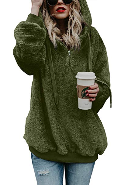 Dokotoo Womens Fuzzy Casual Loose Sweatshirt Hooded with Pockets Outwear S-XXL