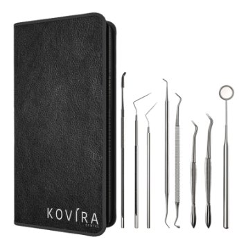 Dentist Tool Kit - Economical 8 PC Personal Home Use Essential Set - Perfect for Dentist - Calculus & Plaque Remover - Probe - Scaler Instrument - Mouth Mirror - Dental Pick Tartar - Ergonomic Tools for Teeth Cleaning - Easy to maintain Oral Hygiene - 100% Money Back Guarantee with FREE Travel Case & USER GUIDE for Self Use by Kovira