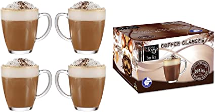 EVER RICH ® Latte Glass Tea Coffee Cup Mug (Fits Tassimo & Dolce Gusto) 4 Glasses Only (385ML X 4)