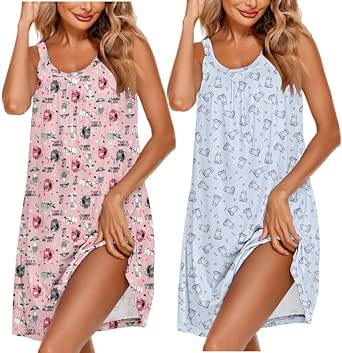 Ekouaer 2 Pack Nightgowns for Women Sleeveless Sleepwear Wide Strap Sleep Shirt Pleated Tank Sleepshirt S-3XL