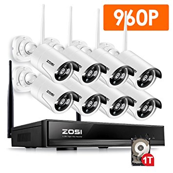 ZOSI 8 Channel 960p AUTO-PAIR WIRELESS SYSTEM 8CH 960P NVR with 8x 1.3P 960P HD Wireless Security IP Camera System (Auto-Pair, Built-in Router, 1.3MP Camera, 1TB Hard Drive)