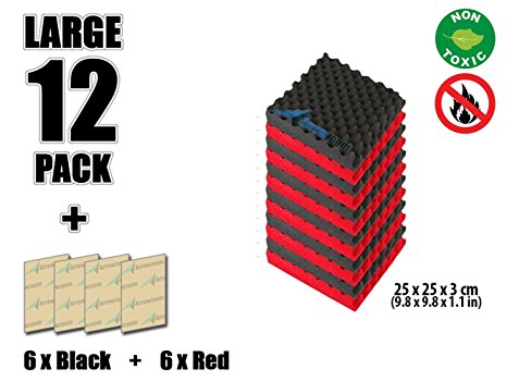 Arrowzoom New 12 Pack of Red & Black (25 X 25 X 3 cm) Convoluted Foam Soundproofing Egg Crate Acoustic Foam Studio Absorbing Tiles Pads Wall Panels (RED&BLACK)