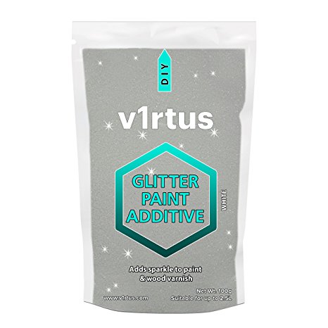 v1rtus White Glitter Paint Crystals Additive 100g/3.5oz for Emulsion Paint - For use with Interior/Exterior Wall, Ceiling, Wood, Metal, Varnish, Dead flat, Matt, Soft Sheen or Silk Paints