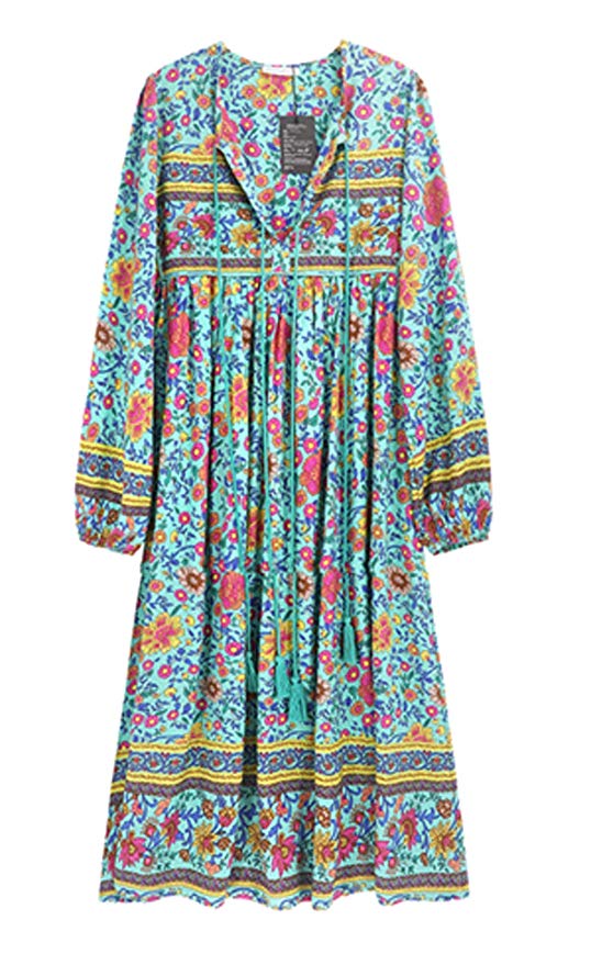 R.Vivimos Women's Long Sleeve Floral Print Retro V Neck Tassel Bohemian Midi Dresses