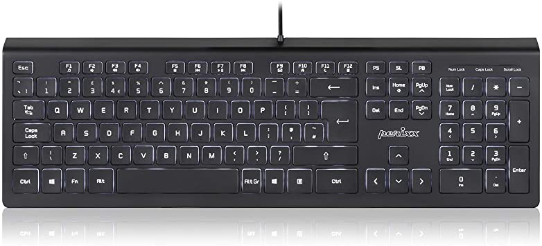 Perixx PERIBOARD-324 Wired Illuminated Keyboard with 2 Hubs, X Type Scissor Key, Black, UK Layout