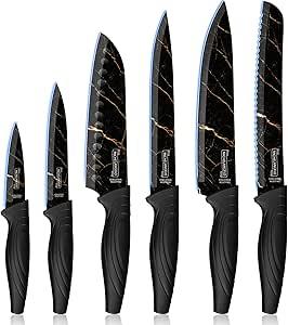 MICHELANGELO Knife Set 6 Piece with Nonstick Granite Coating, Sharp Stainless Steel Kitchen Knife Set, Professional Stainless Steel Knives Set for Home or Restaurant, Black Knife Set 6 Piece