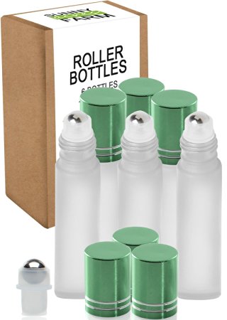 Highest Quality Frosted Glass Roll On Bottles - 1/3oz(10ml) - 6 Pack with Stainless Steel Metal Roll-On Balls - Free Recipe eBook Ideal For Essential Oils, Perfumes, Aromatherapy (Green Lids)
